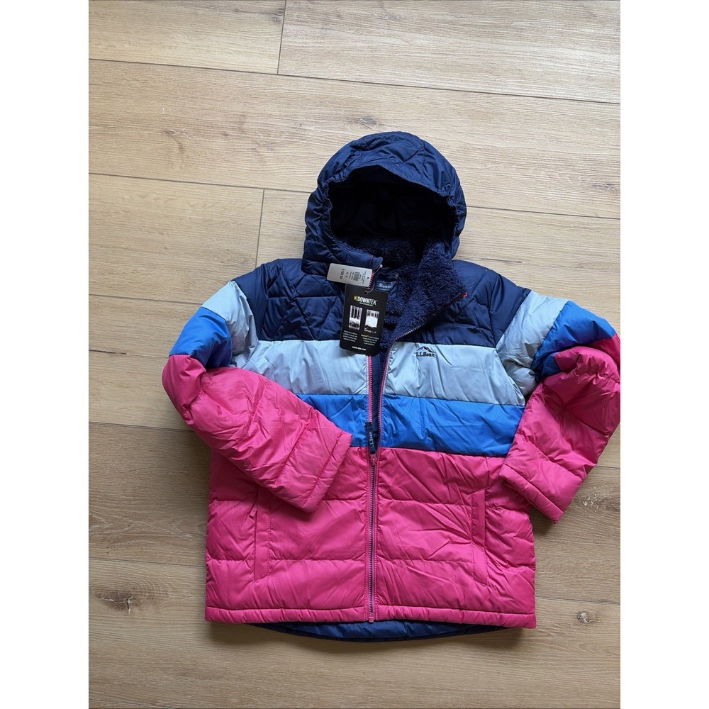 LL Bean Girls Down Puffer Jacket Colorblock Pink Berry Downtek Size XL 18 New